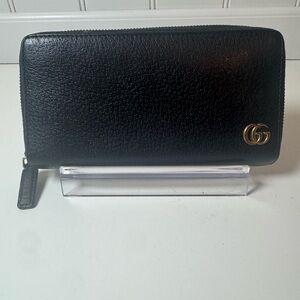 Gucci Women’s GG Marmont Zip Around Long Black Leather Wallet with Gold GG Logo